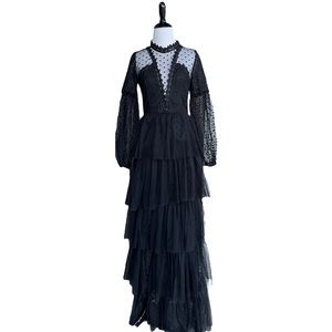 NWT Giffniseti Lace Tiered Black Sexy Mesh Tulle Polka Dot Maxi Dress Small